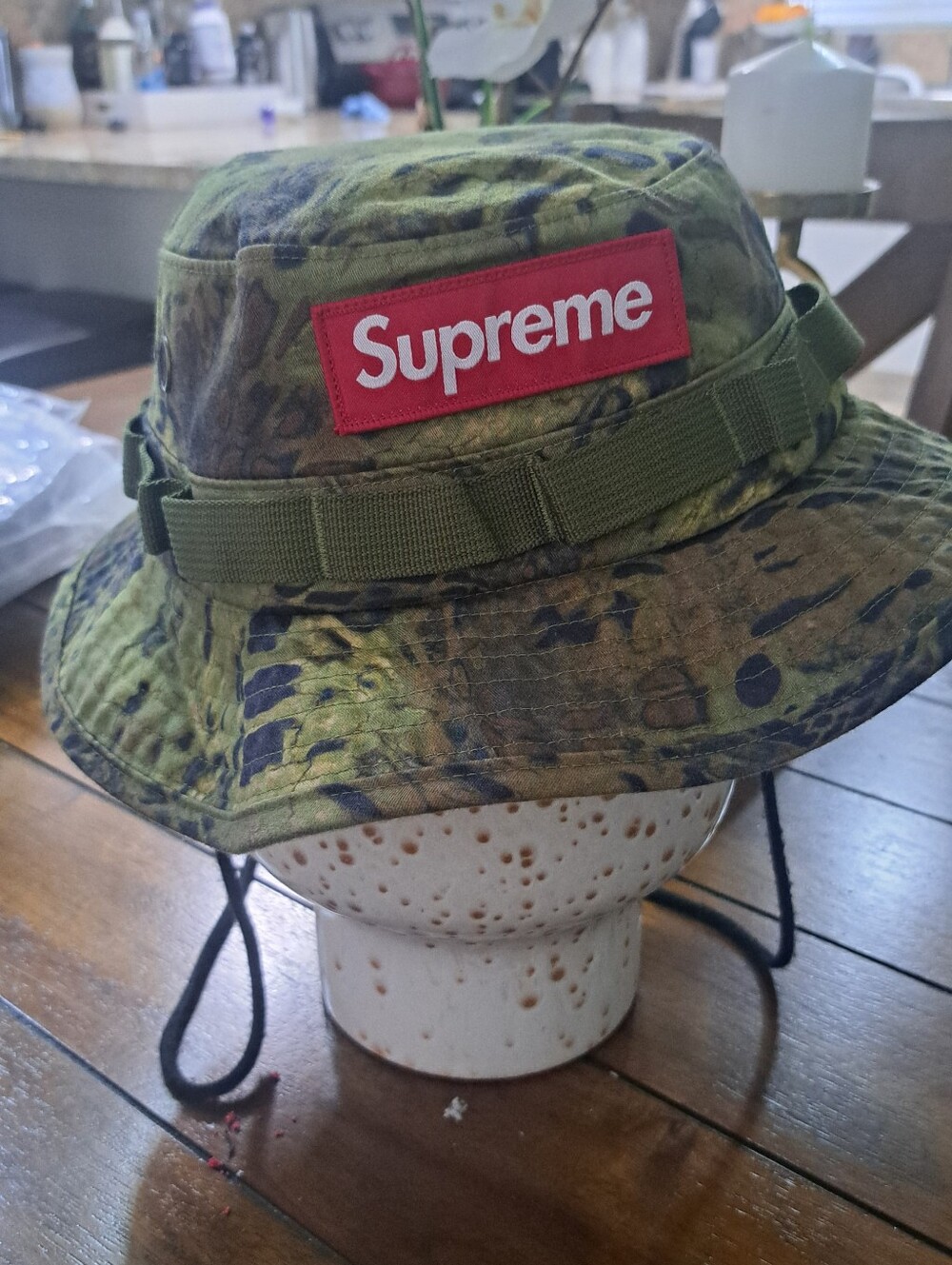 Supreme Green Camo Bucket Hat with Red Logo Patch